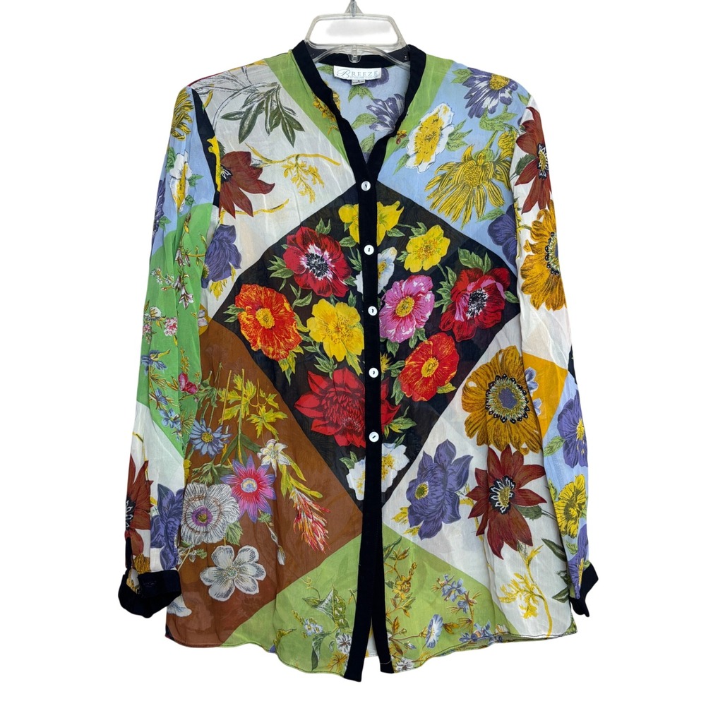 Vintage 90s Patchwork Floral Blouse Sheer Button Top Womens Small S Cottage Boho
